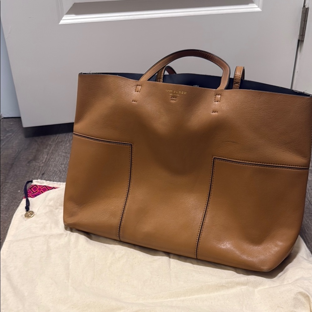 Tory Burch Tan Leather Tote Bag Structured Design
